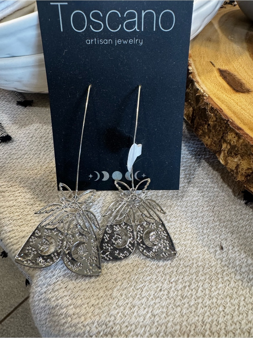 Silver Moon and Moth Drop Earrings